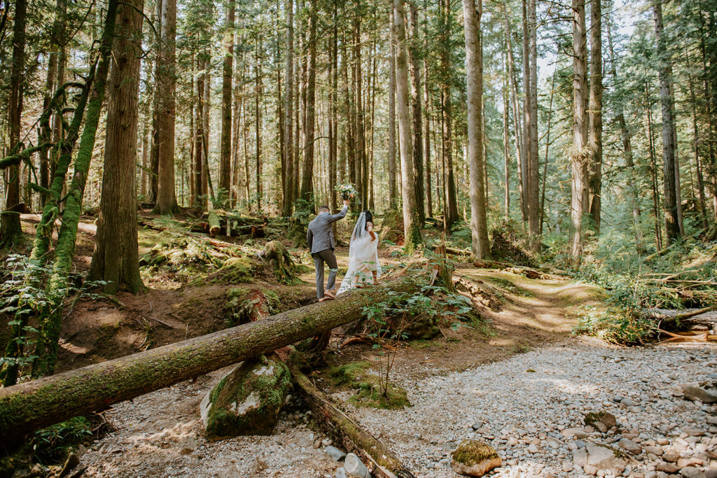 Couple walking along a log through the towering B.C forest during their elopement with their B.C elopement photographer