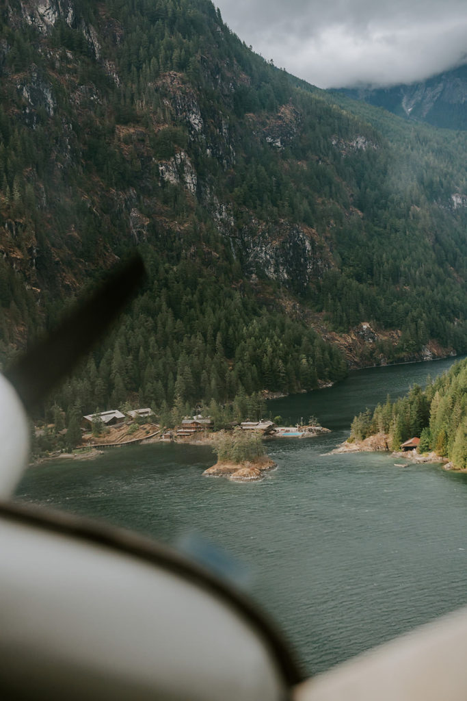 View from Sunshine Coast Air float plane looking at the opening of the Princess Louisa Inlet and Camp Malibu.